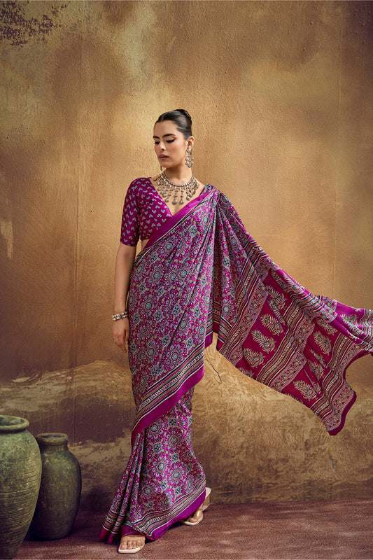Magenta Printed Silk Saree with Traditional Ajrakh-Inspired Geometric Design