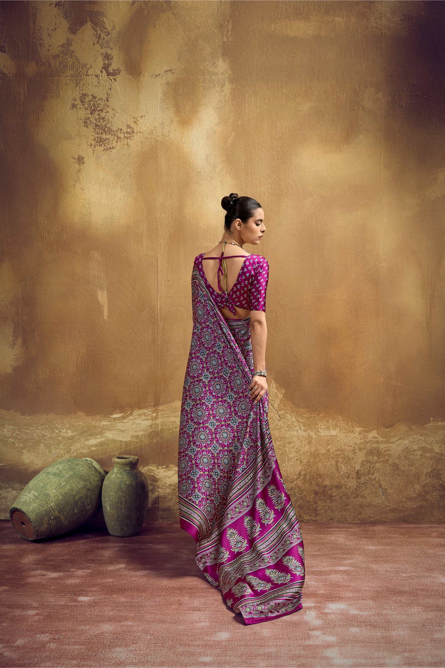 Magenta Printed Silk Saree with Traditional Ajrakh-Inspired Geometric Design