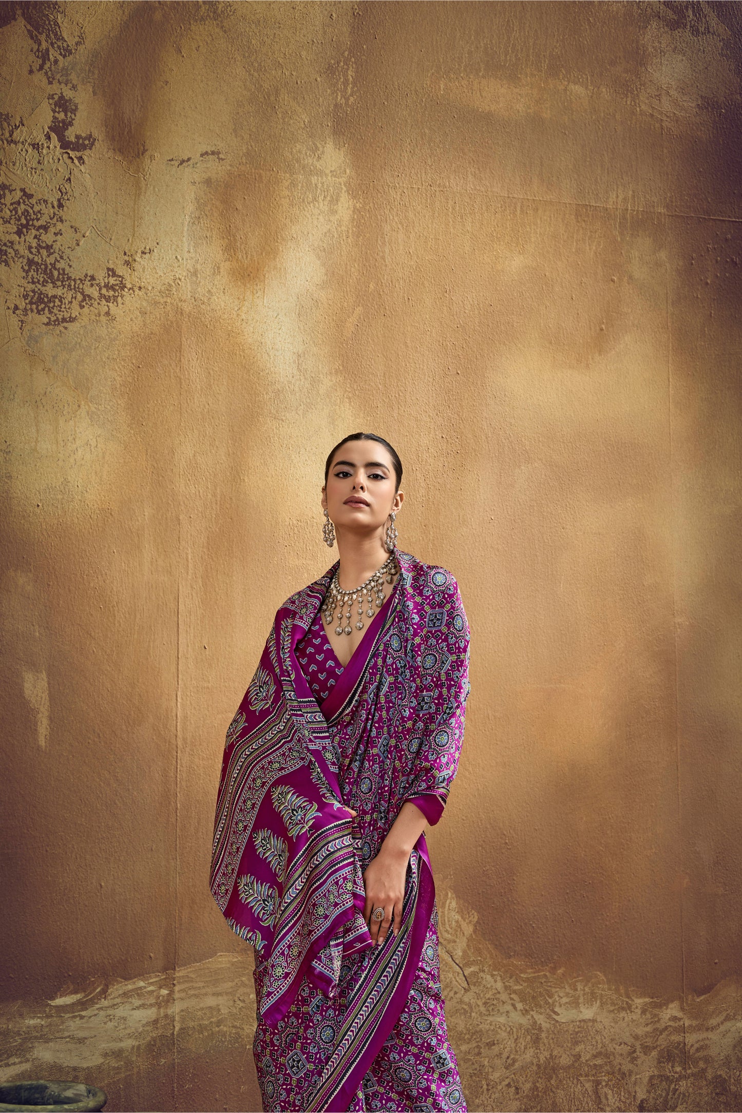 Magenta Printed Silk Saree with Traditional Ajrakh-Inspired Geometric Design