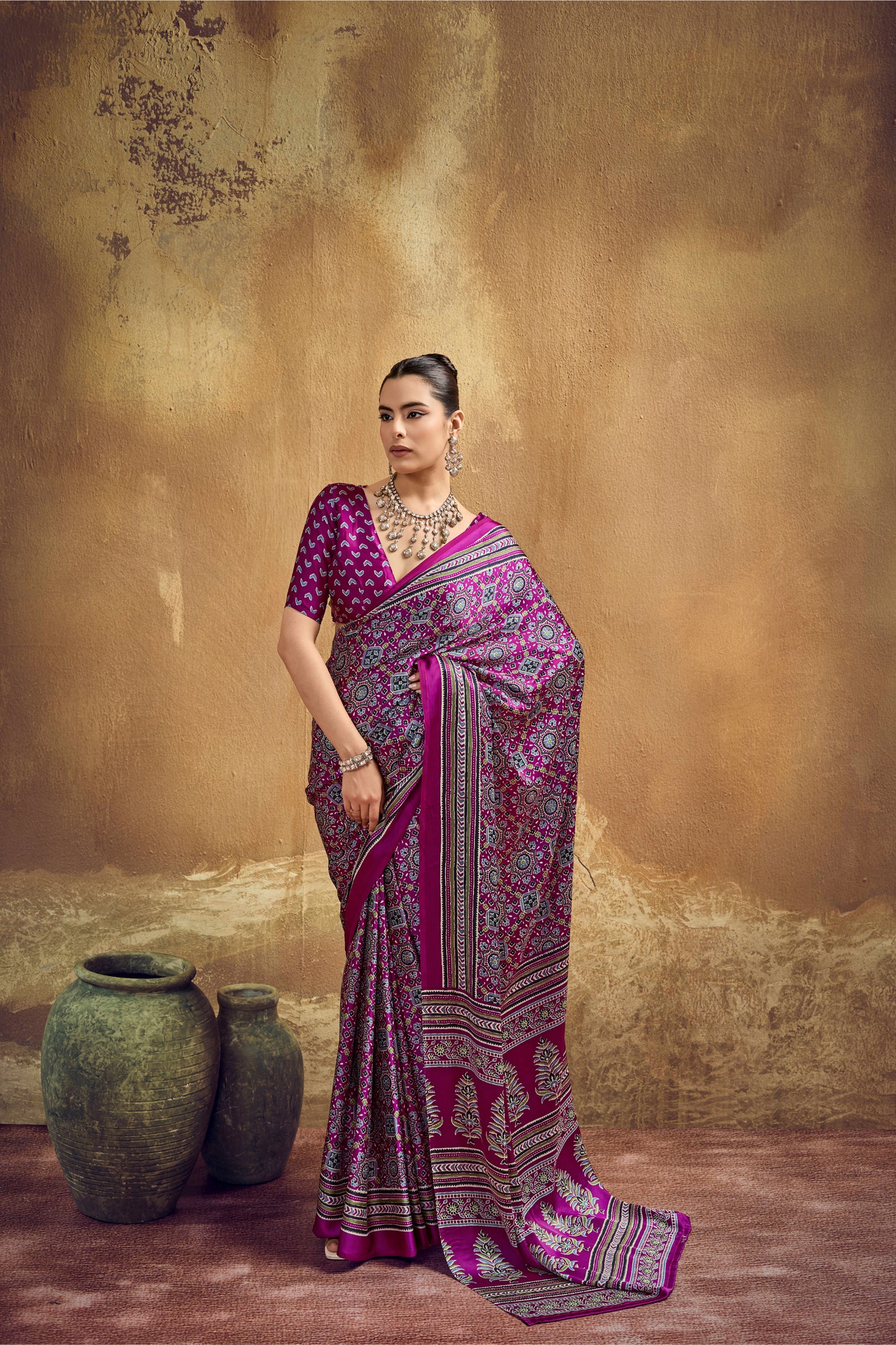 Magenta Printed Silk Saree with Traditional Ajrakh-Inspired Geometric Design