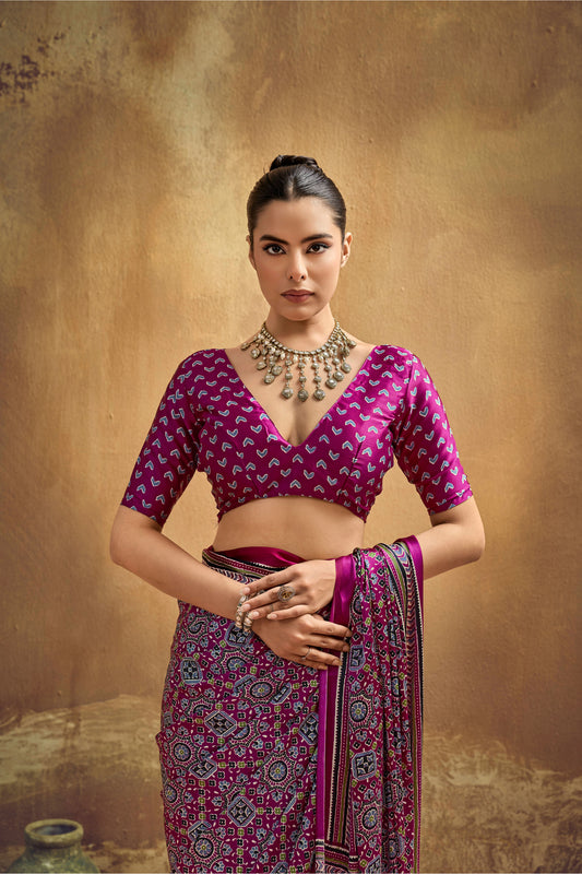 Magenta Printed Silk Saree with Traditional Ajrakh-Inspired Geometric Design