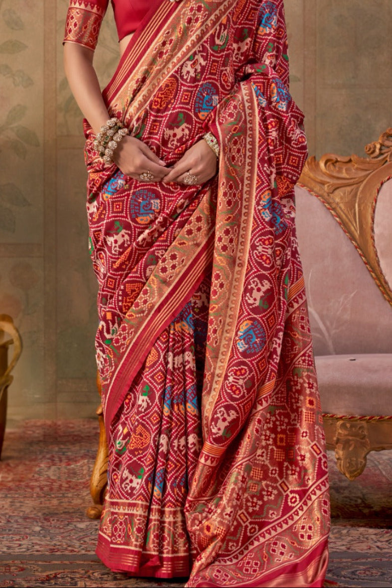 Maroon Red Banarasi Silk Patola Saree with Rich Weave & Heritage Motifs
