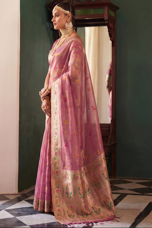 Mauve Pink Chanderi Organza Saree with Minakar Zari Border