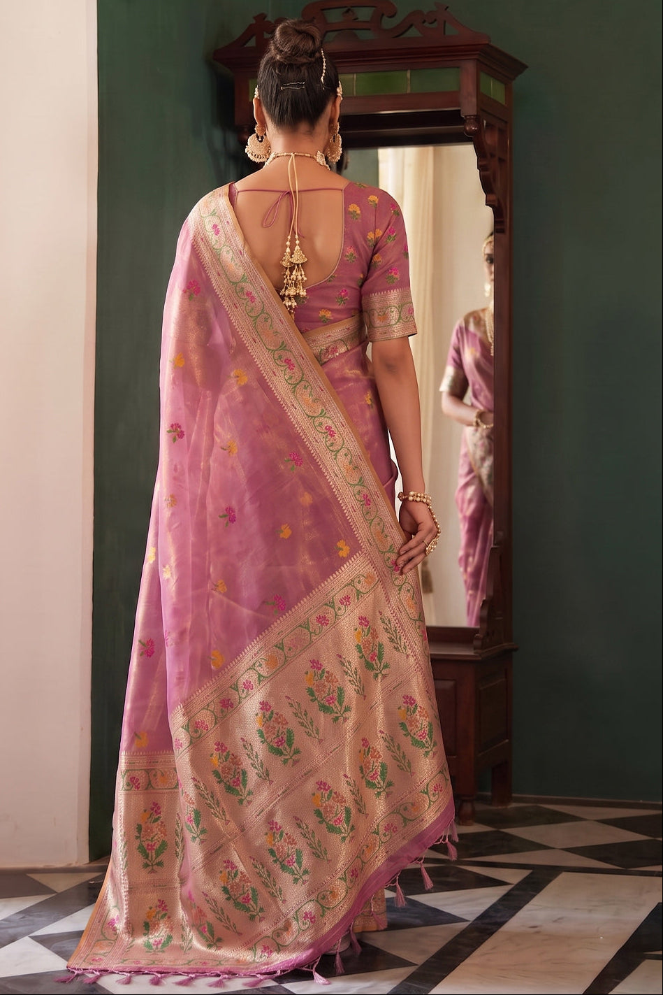 Mauve Pink Chanderi Organza Saree with Minakar Zari Border