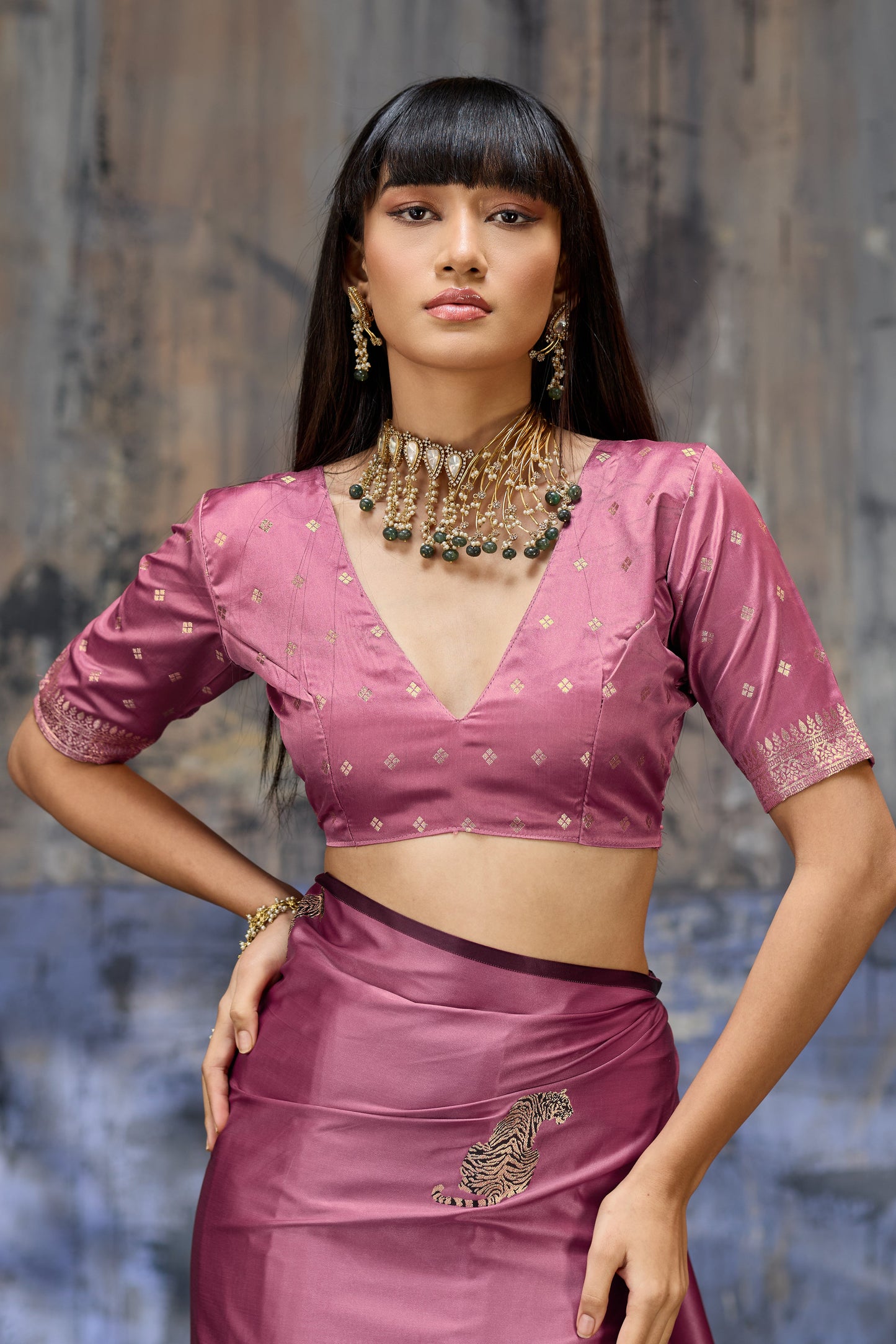 Mauve Pink Designer Katan Silk Saree with Antique Zari Border and Tiger Buttas