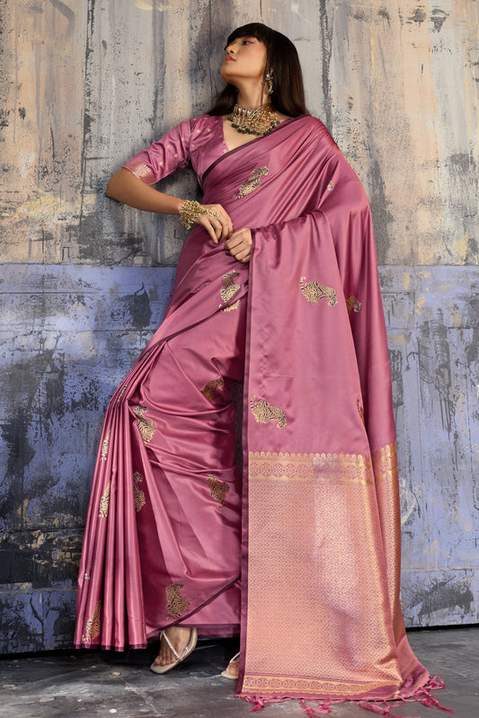 Mauve Pink Designer Katan Silk Saree with Antique Zari Border and Tiger Buttas