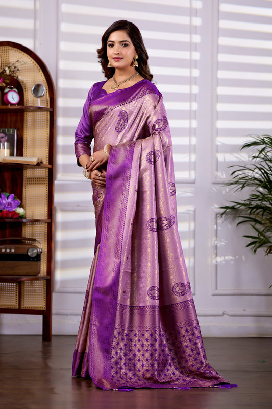 Mauve Purple Banarasi Kanjivaram Silk Saree with Rich Zari Work