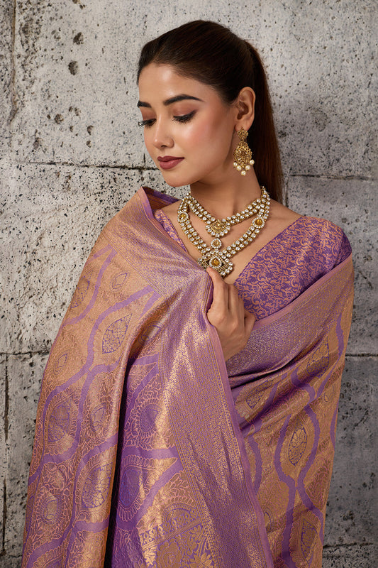 Mauve Purple Banarasi Kanjivaram Silk Saree with Rich Zari Work