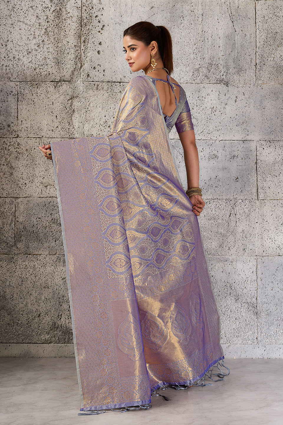 Metallic Grey Lavender Banarasi Kanjivaram Silk Saree with Rich Zari Work