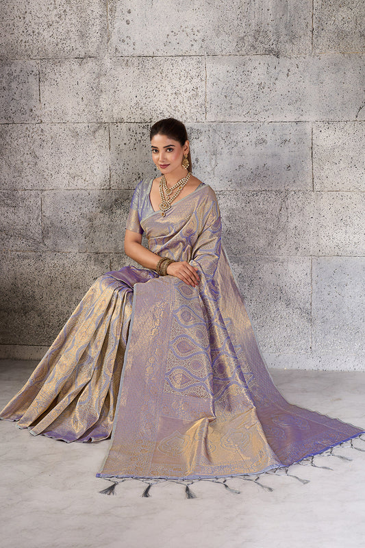 Metallic Grey Lavender Banarasi Kanjivaram Silk Saree with Rich Zari Work