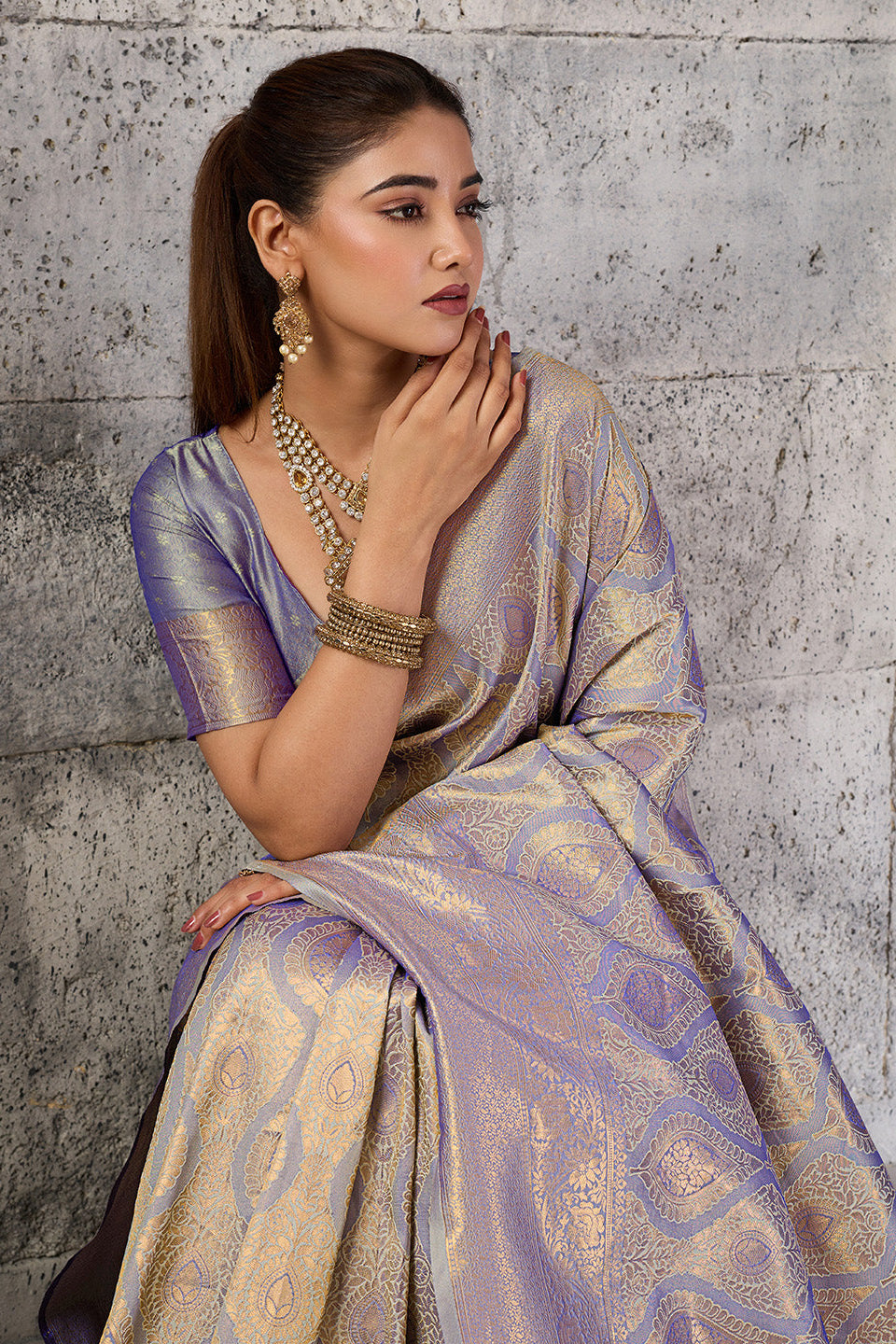 Metallic Grey Lavender Banarasi Kanjivaram Silk Saree with Rich Zari Work