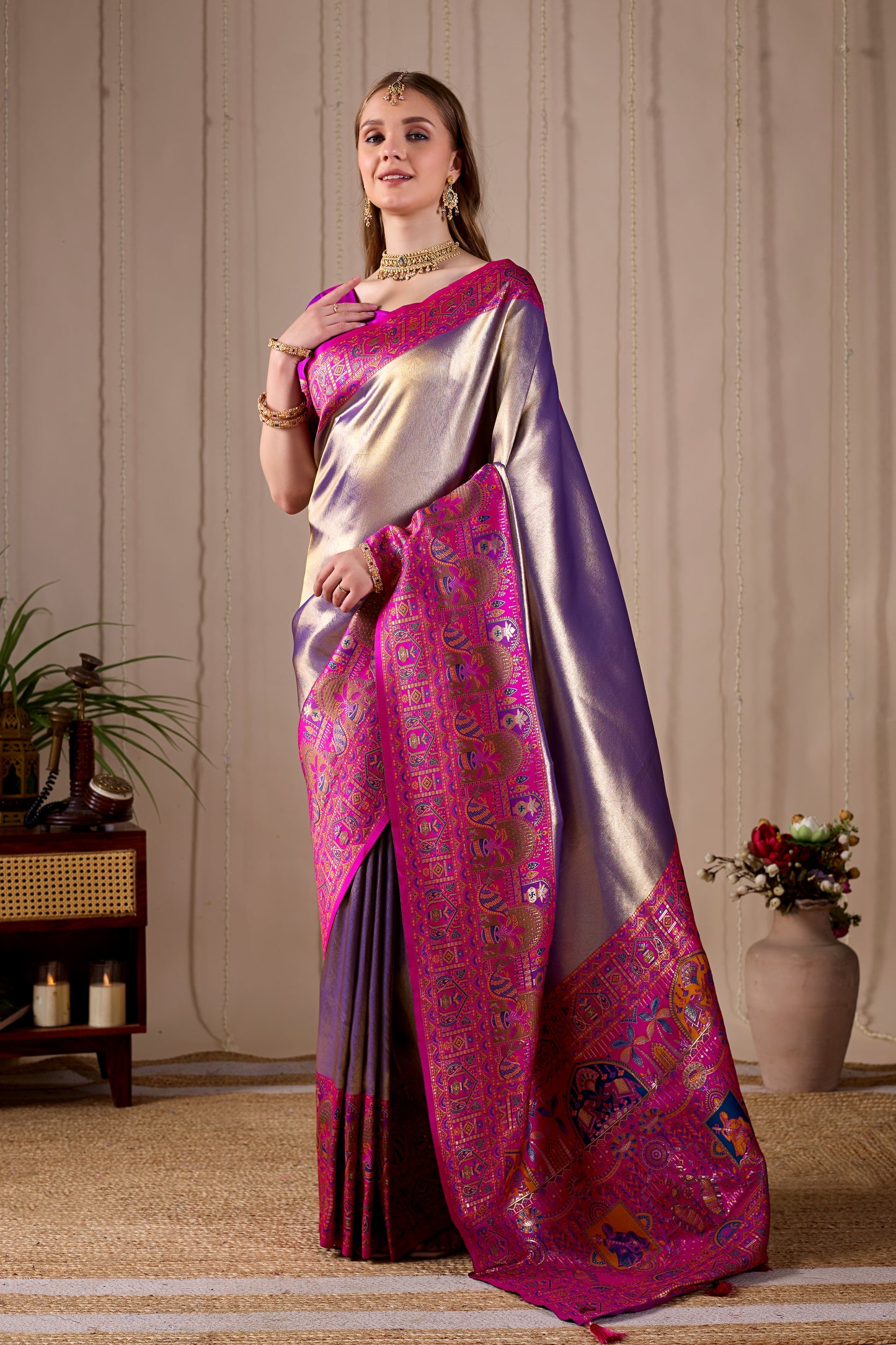 Metallic Lavender Purple Banarasi Kanjivaram Silk Saree with Rich Pink Zari Work