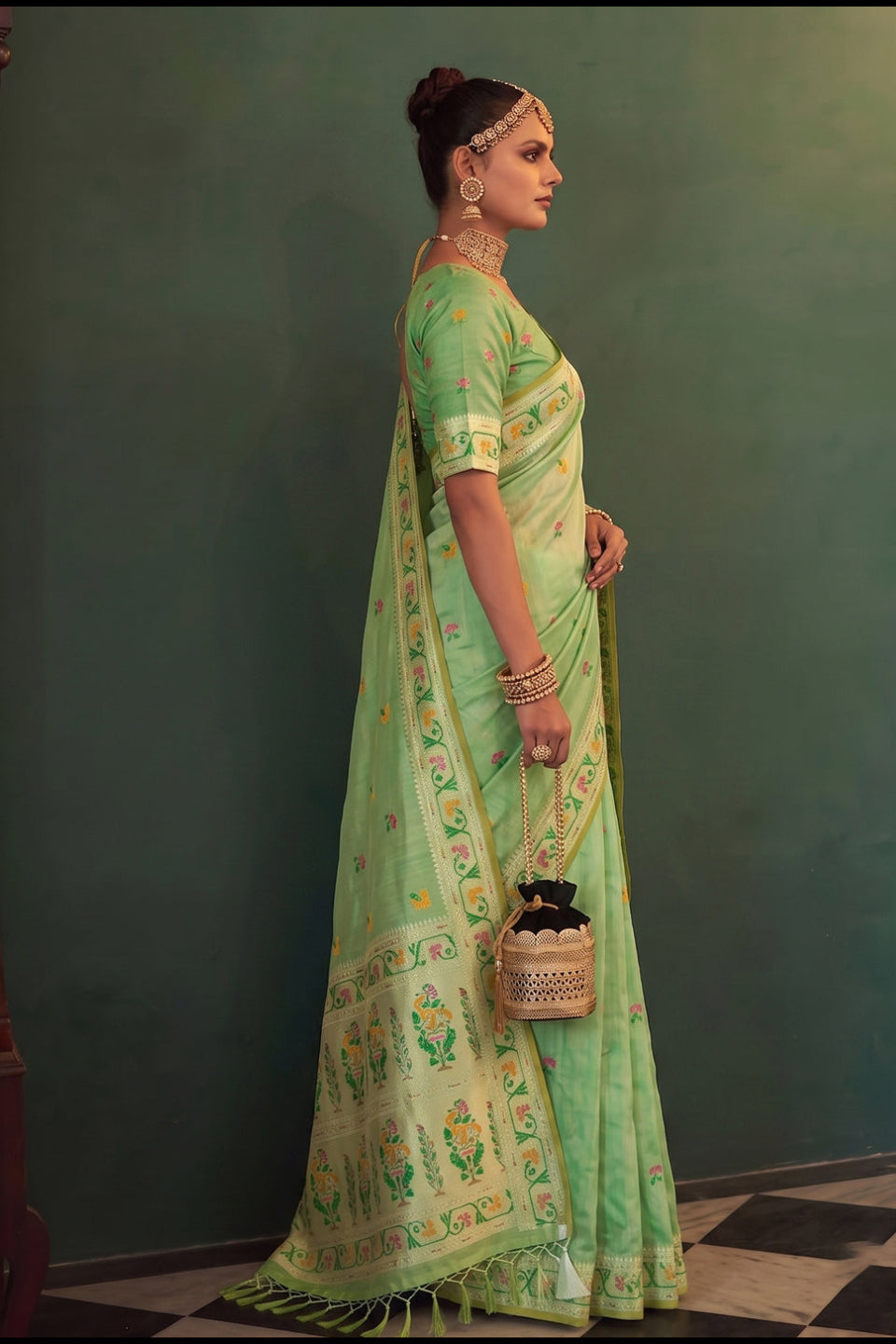 Mint Green Chanderi Organza Saree with Minakari Zari Border