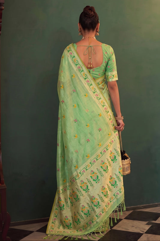 Mint Green Chanderi Organza Saree with Minakari Zari Border