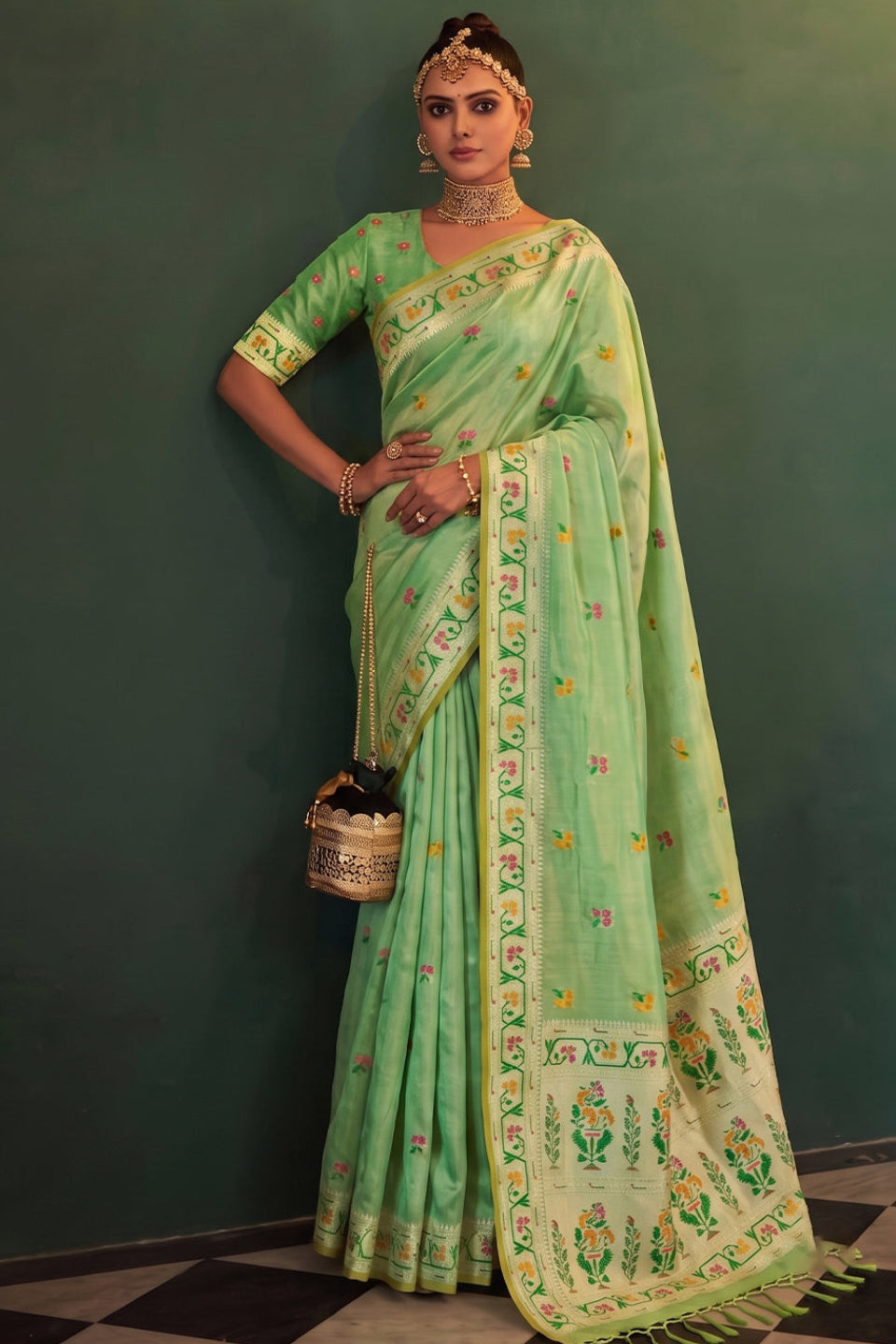 Mint Green Chanderi Organza Saree with Minakari Zari Border