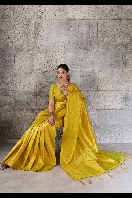 Mustard Yellow Banarasi Kanjivaram Silk Saree with Rich Zari Work