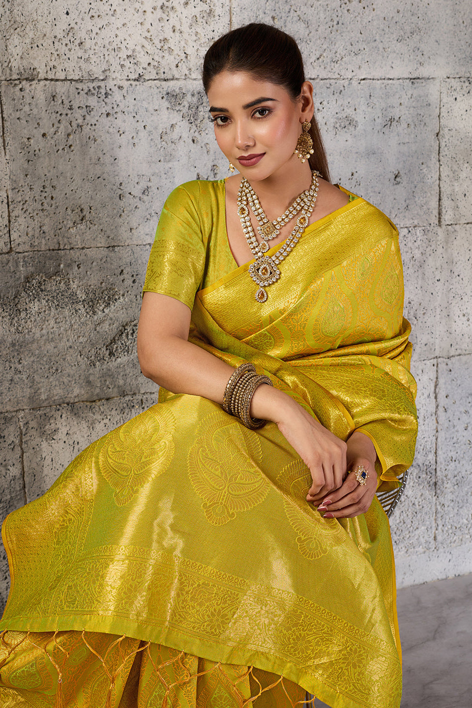 Mustard Yellow Banarasi Kanjivaram Silk Saree with Rich Zari Work