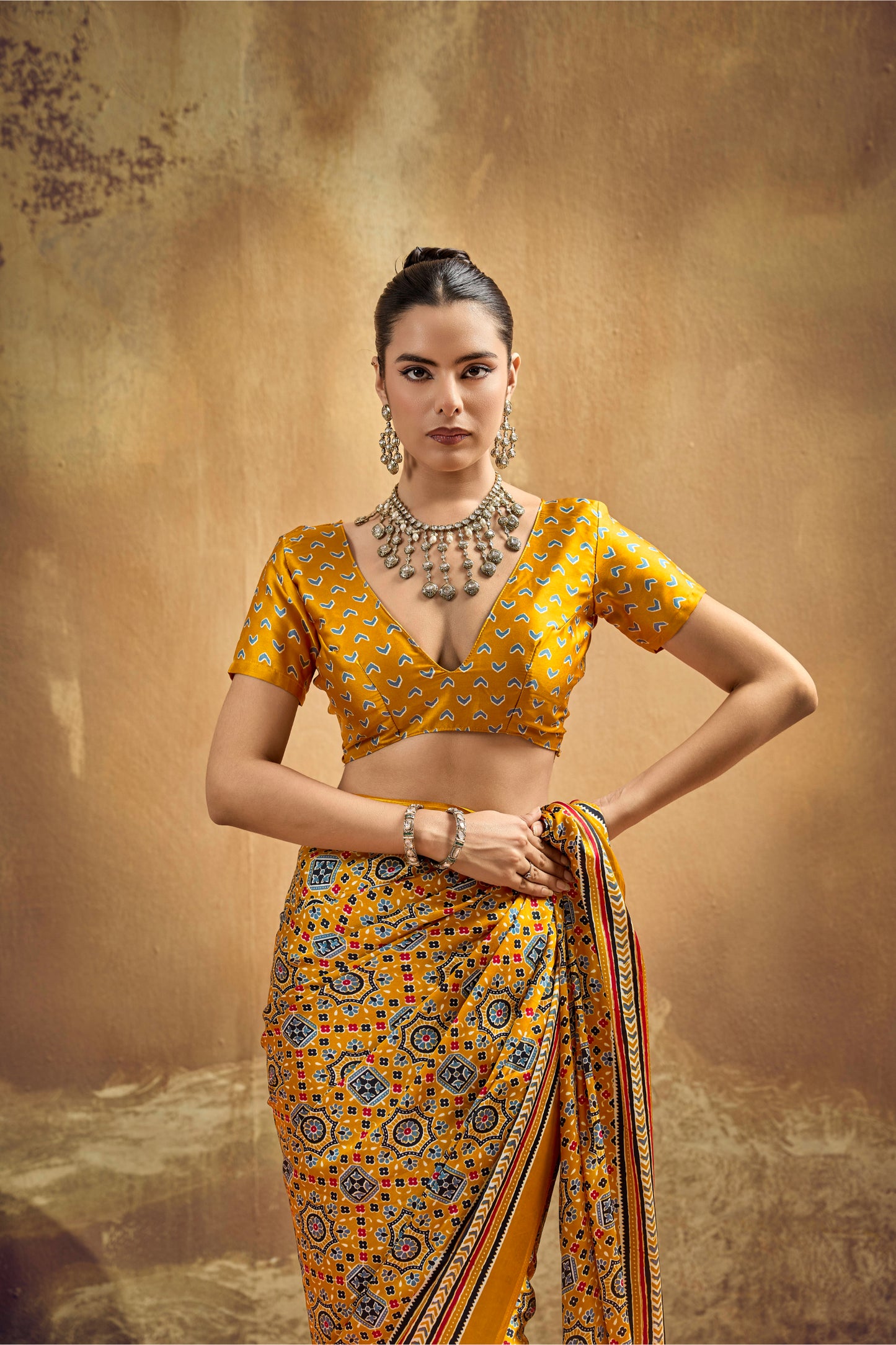 Mustard Yellow Printed Silk Saree with Ajrakh-Inspired Geometric Motifs