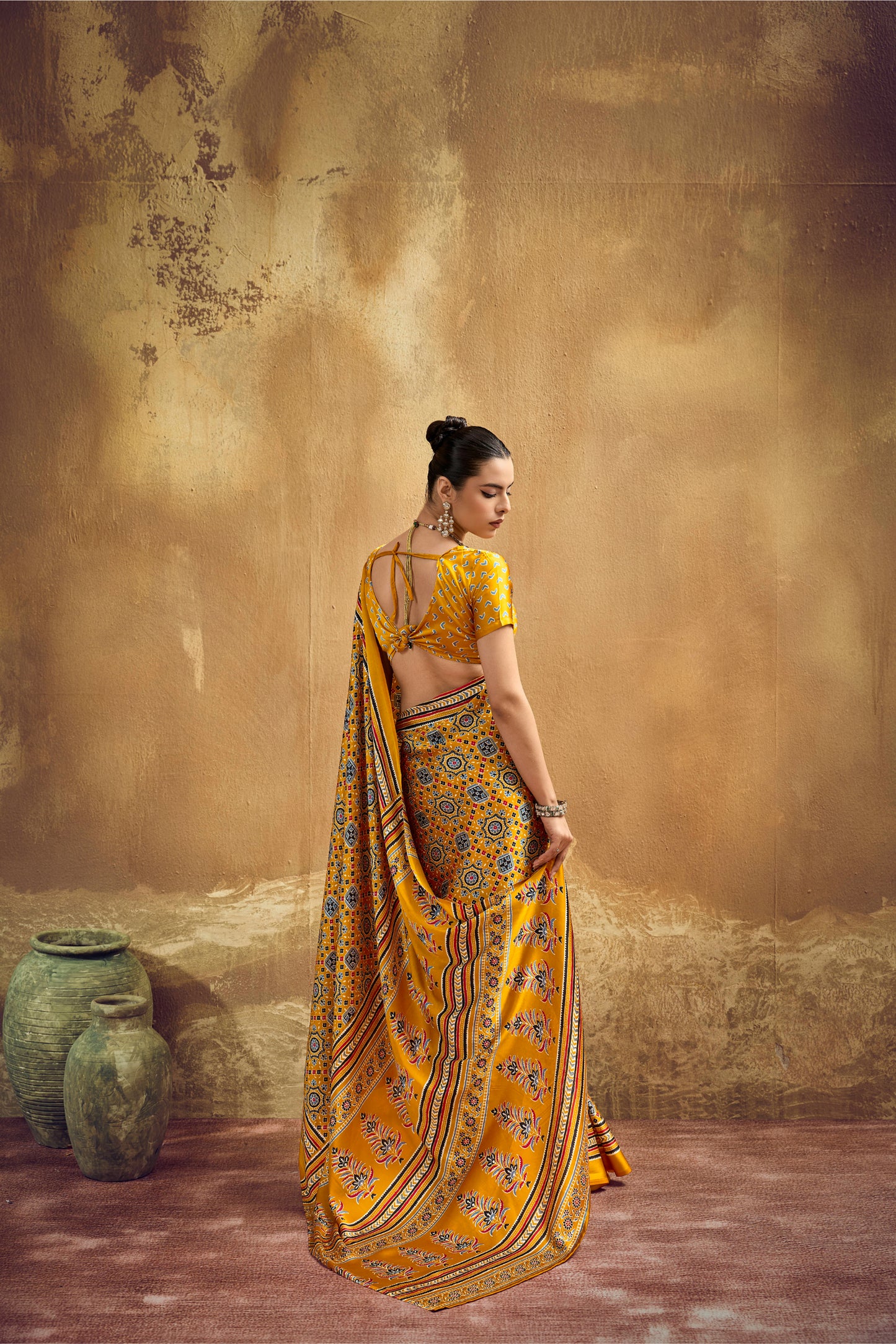Mustard Yellow Printed Silk Saree with Ajrakh-Inspired Geometric Motifs
