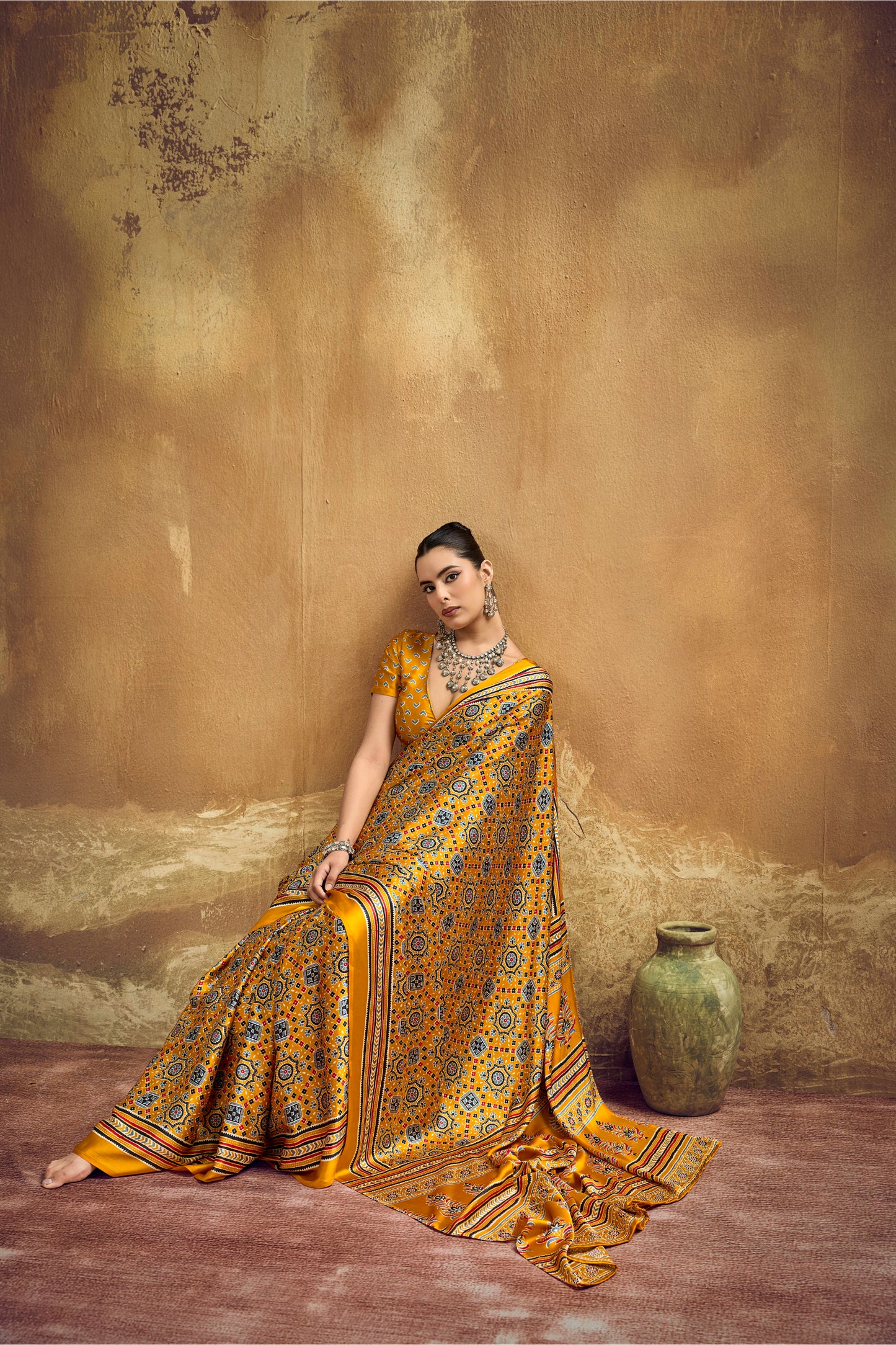 Mustard Yellow Printed Silk Saree with Ajrakh-Inspired Geometric Motifs