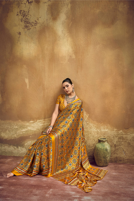 Mustard Yellow Printed Silk Saree with Ajrakh-Inspired Geometric Motifs