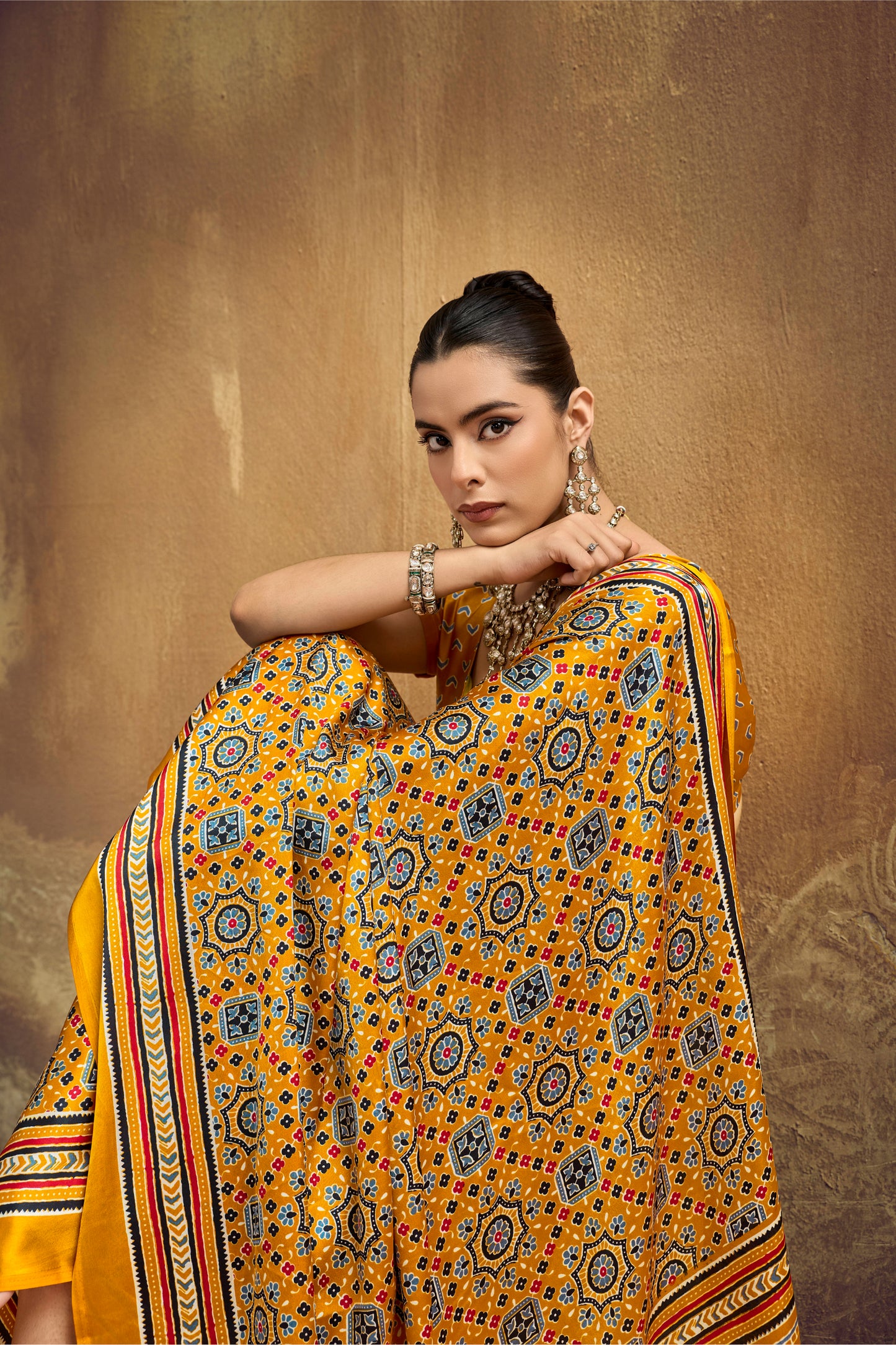 Mustard Yellow Printed Silk Saree with Ajrakh-Inspired Geometric Motifs