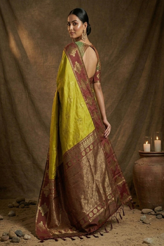 Mustard Yellow Silk Saree with Maroon Zari Border & Rich Pallu