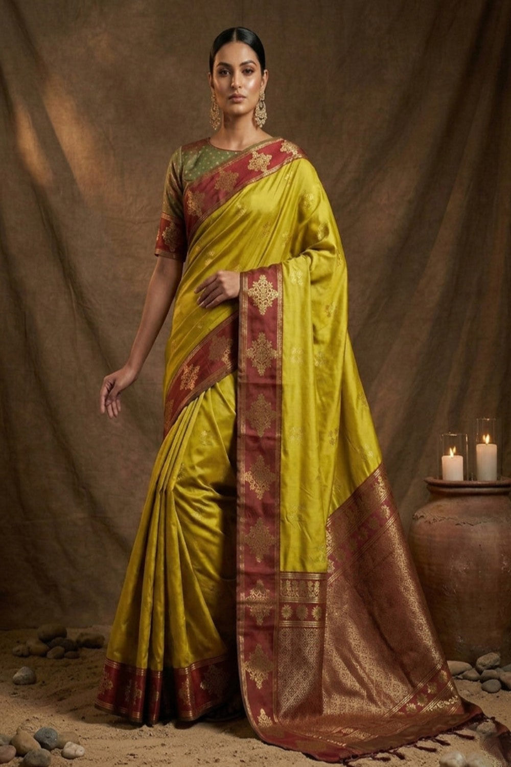 Mustard Yellow Silk Saree with Maroon Zari Border & Rich Pallu