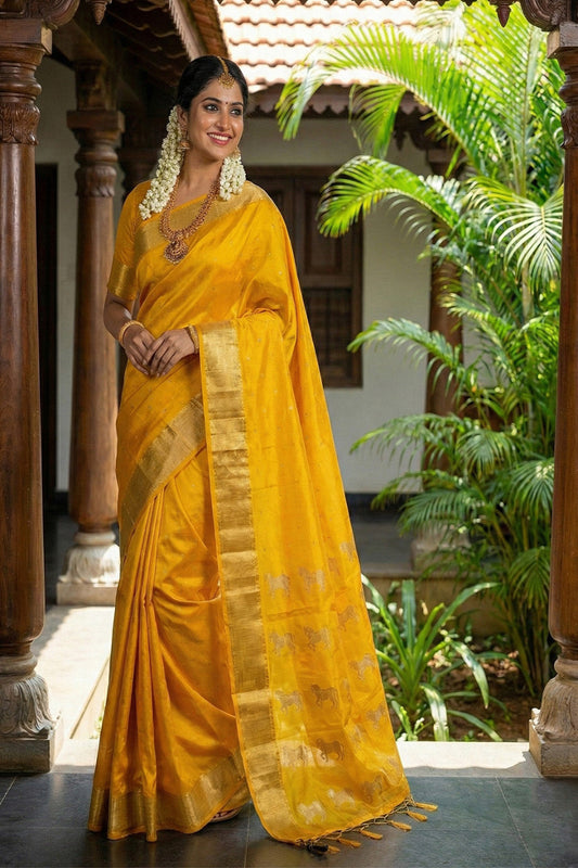 Mustard Yellow Traditional Silk Saree for Women with Golden Zari Border