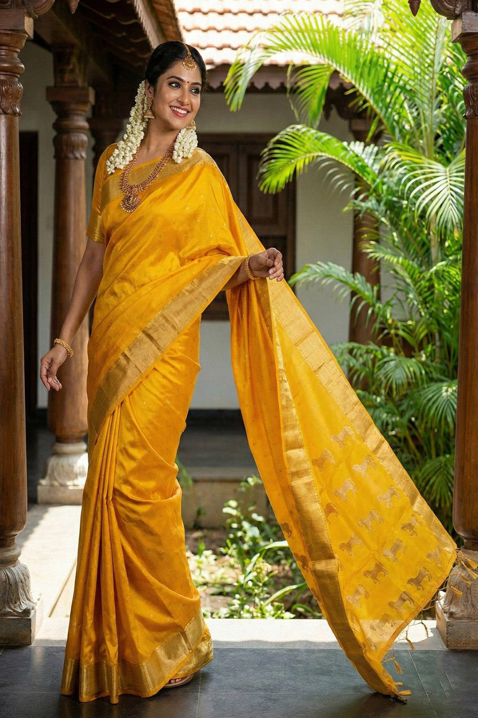 Mustard Yellow Traditional Silk Saree for Women with Golden Zari Border