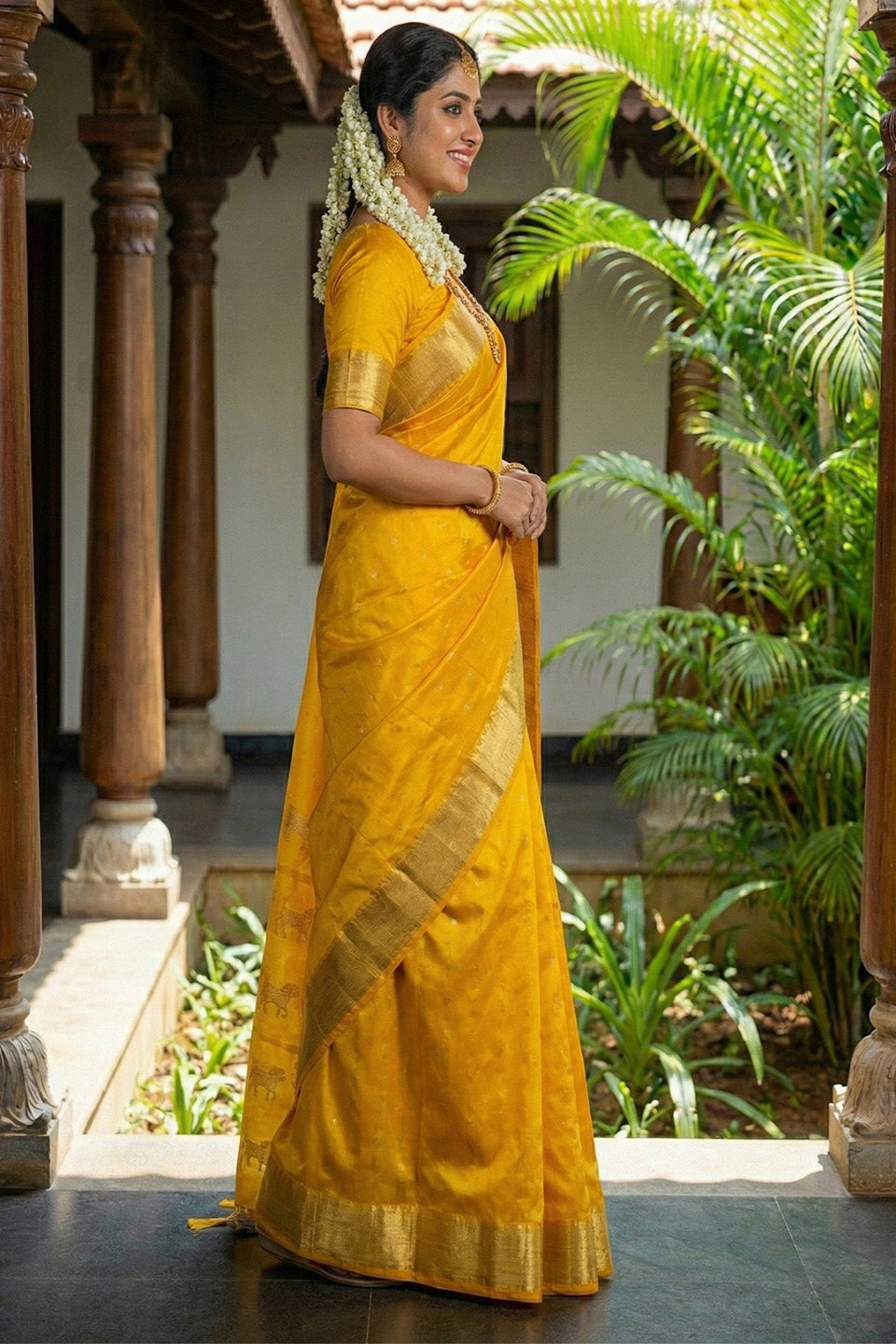 Mustard Yellow Traditional Silk Saree for Women with Golden Zari Border