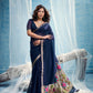 Navy Blue Linen Organza Saree with Floral Organza Pallu & Zari Border