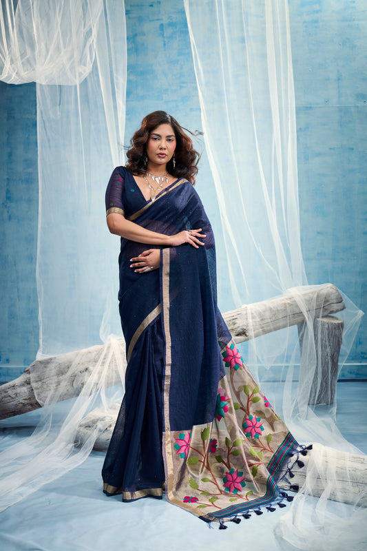 Navy Blue Linen Organza Saree with Floral Organza Pallu & Zari Border
