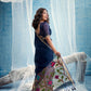 Navy Blue Linen Organza Saree with Floral Organza Pallu & Zari Border