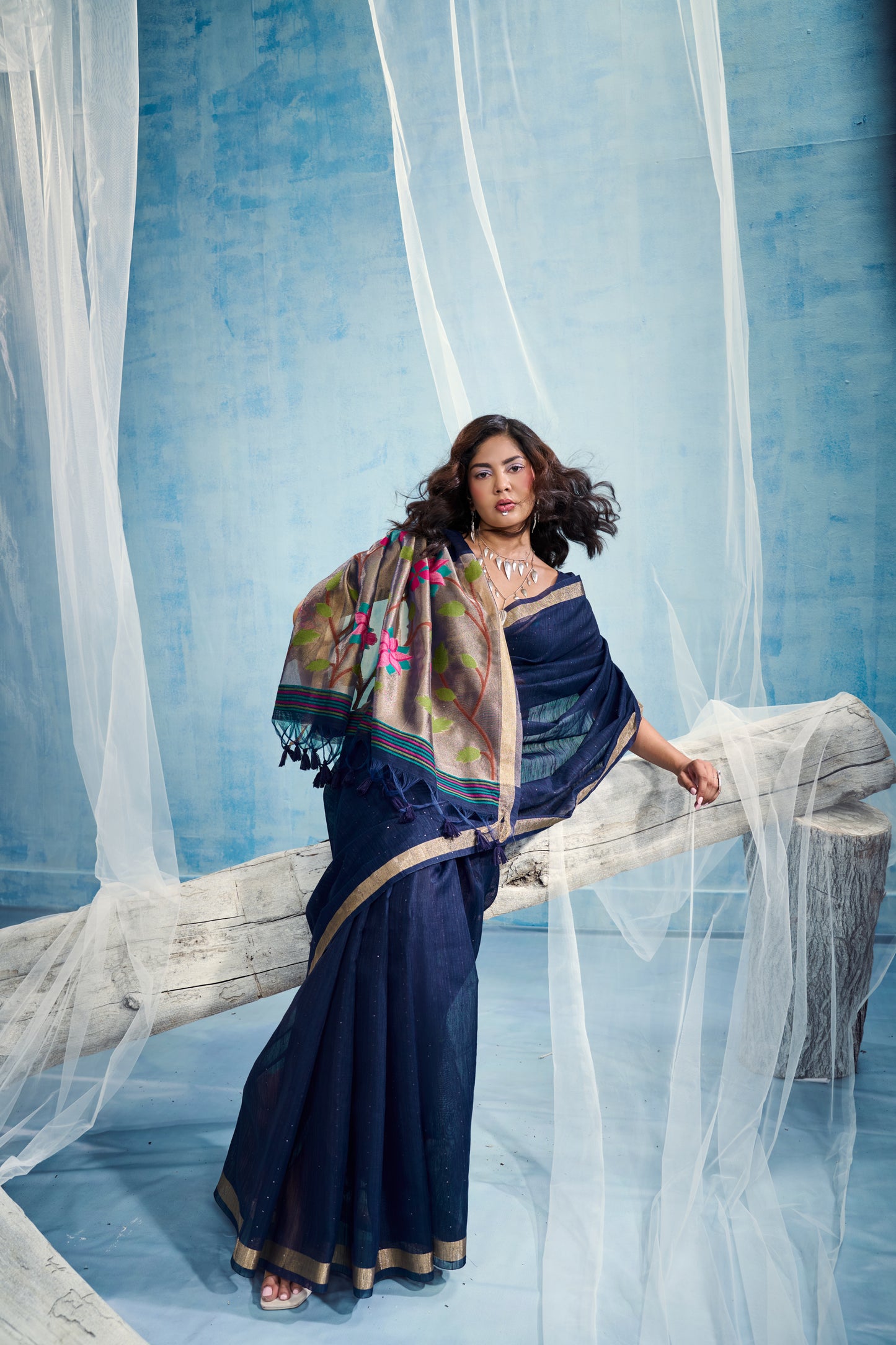 Navy Blue Linen Organza Saree with Floral Organza Pallu & Zari Border