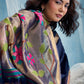 Navy Blue Linen Organza Saree with Floral Organza Pallu & Zari Border