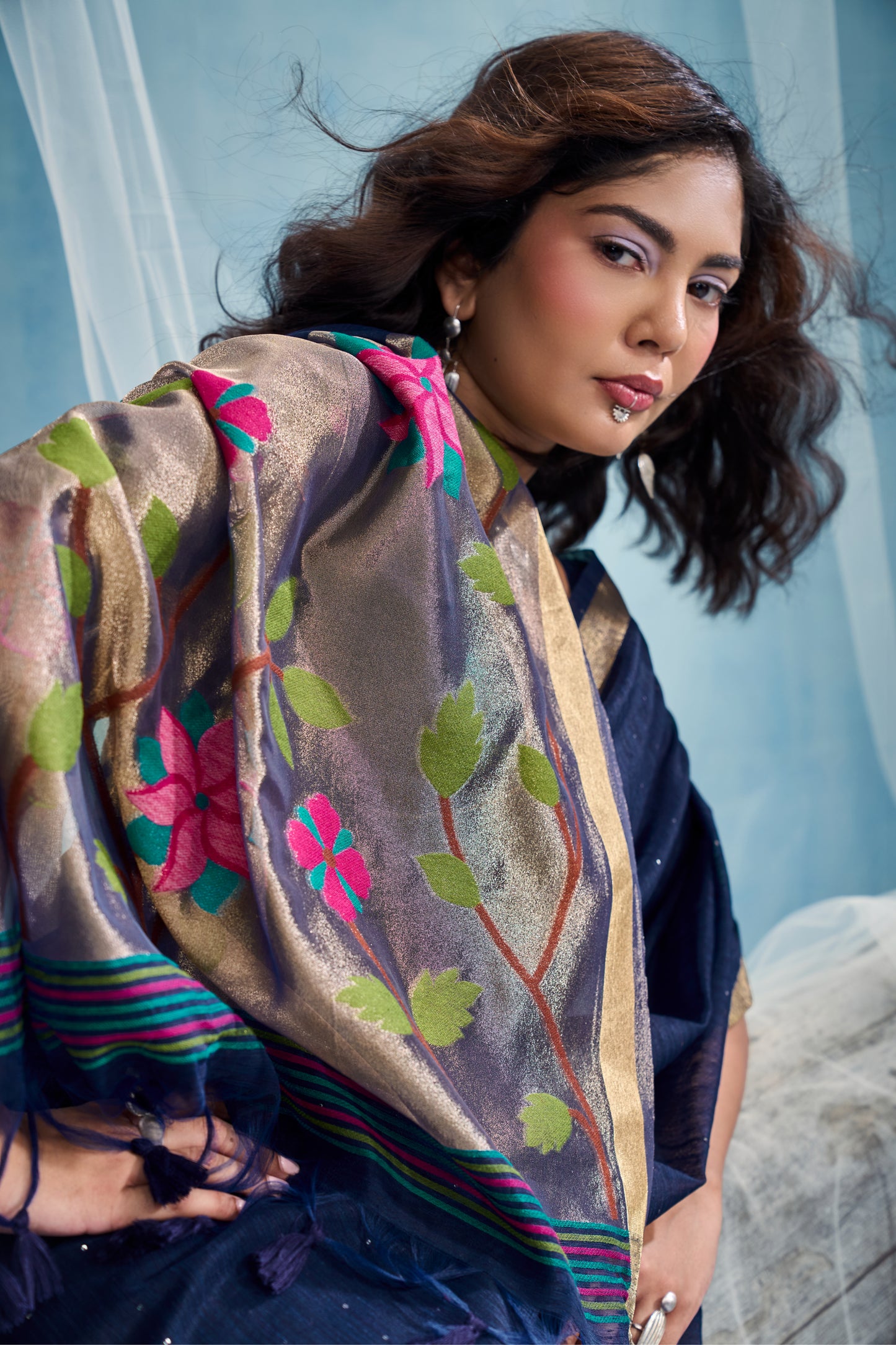 Navy Blue Linen Organza Saree with Floral Organza Pallu & Zari Border