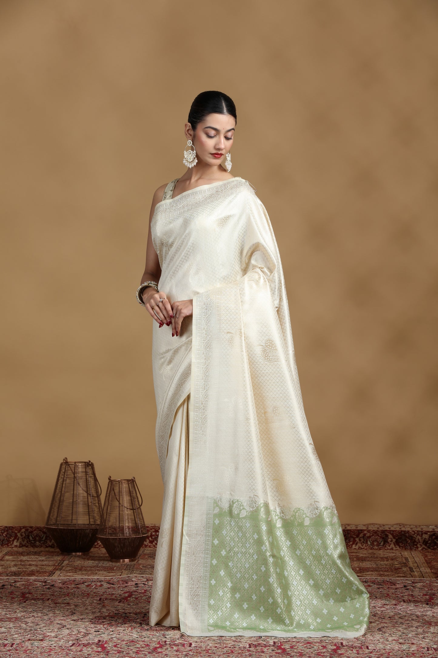 Off-White Banarasi Silk Saree with Subtle Pastel Green Border