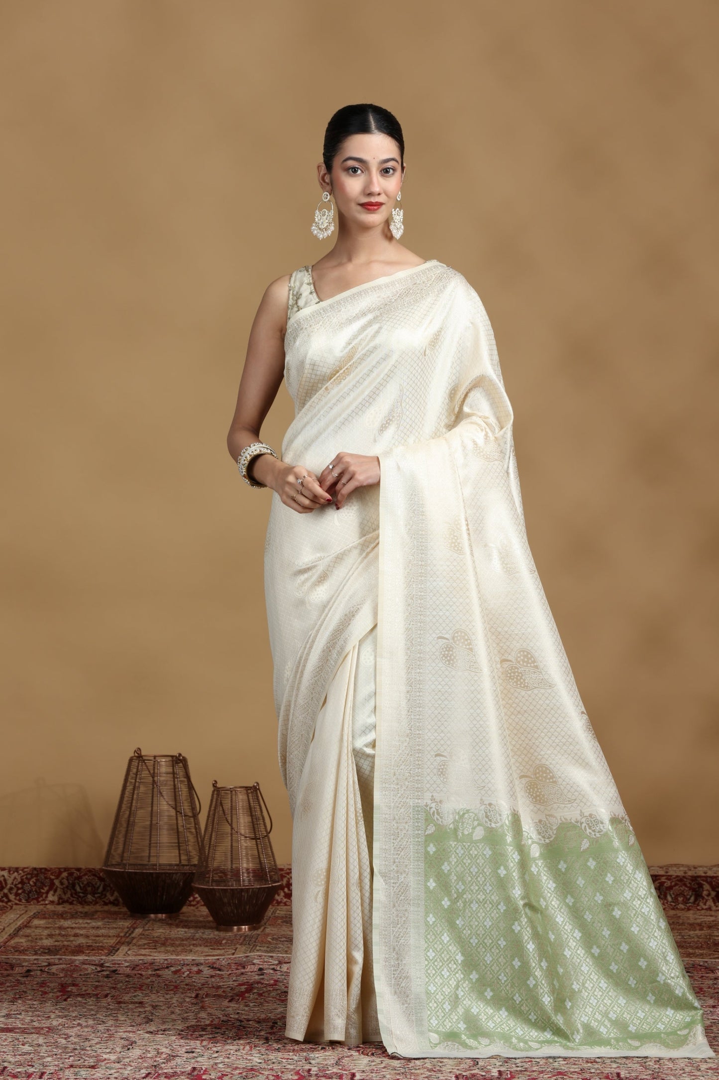 Off-White Banarasi Silk Saree with Subtle Pastel Green Border