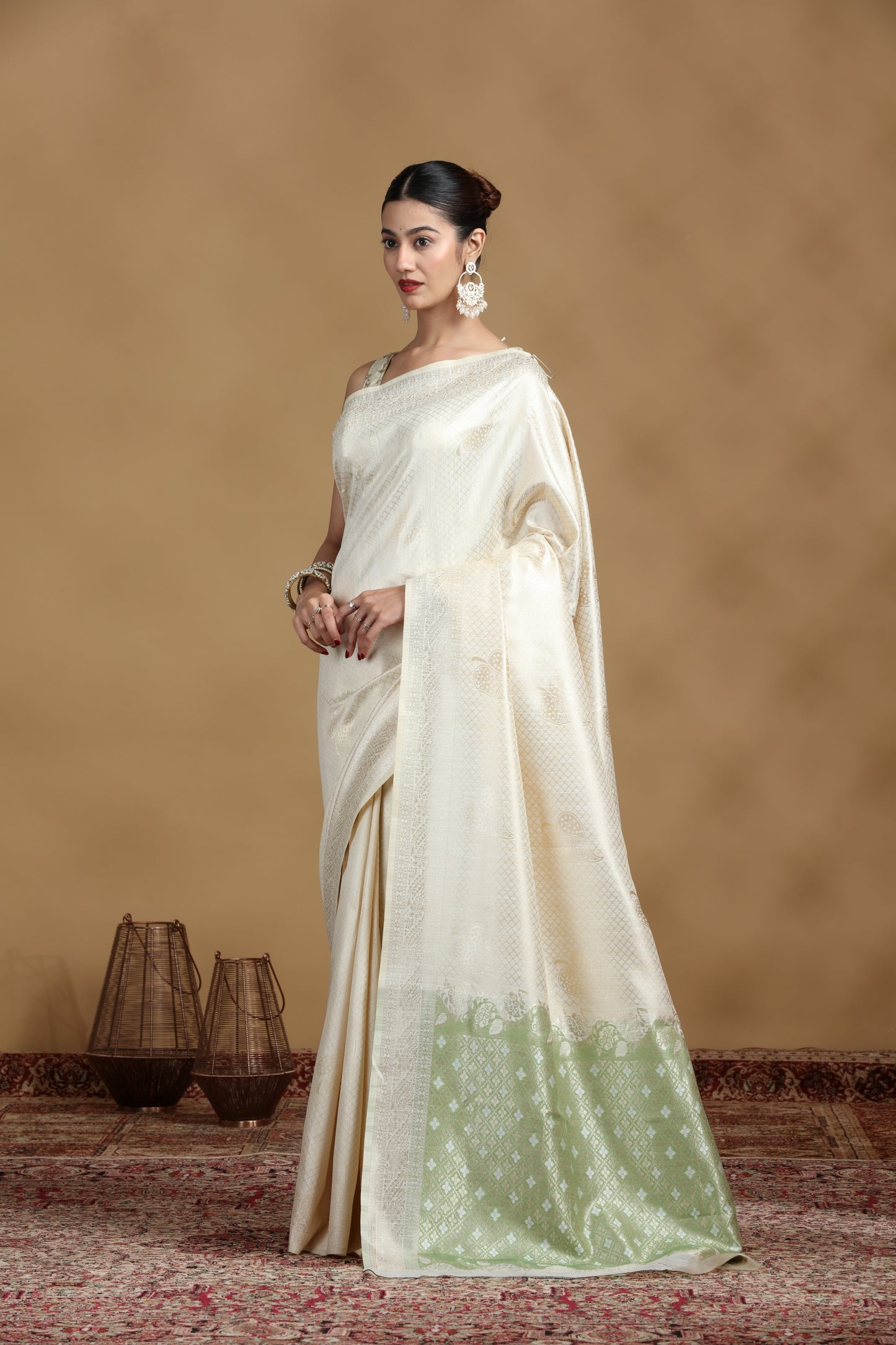 Off-White Banarasi Silk Saree with Subtle Pastel Green Border