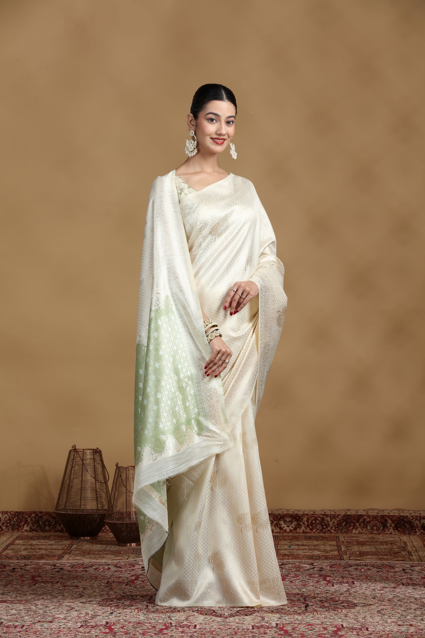 Off-White Banarasi Silk Saree with Subtle Pastel Green Border