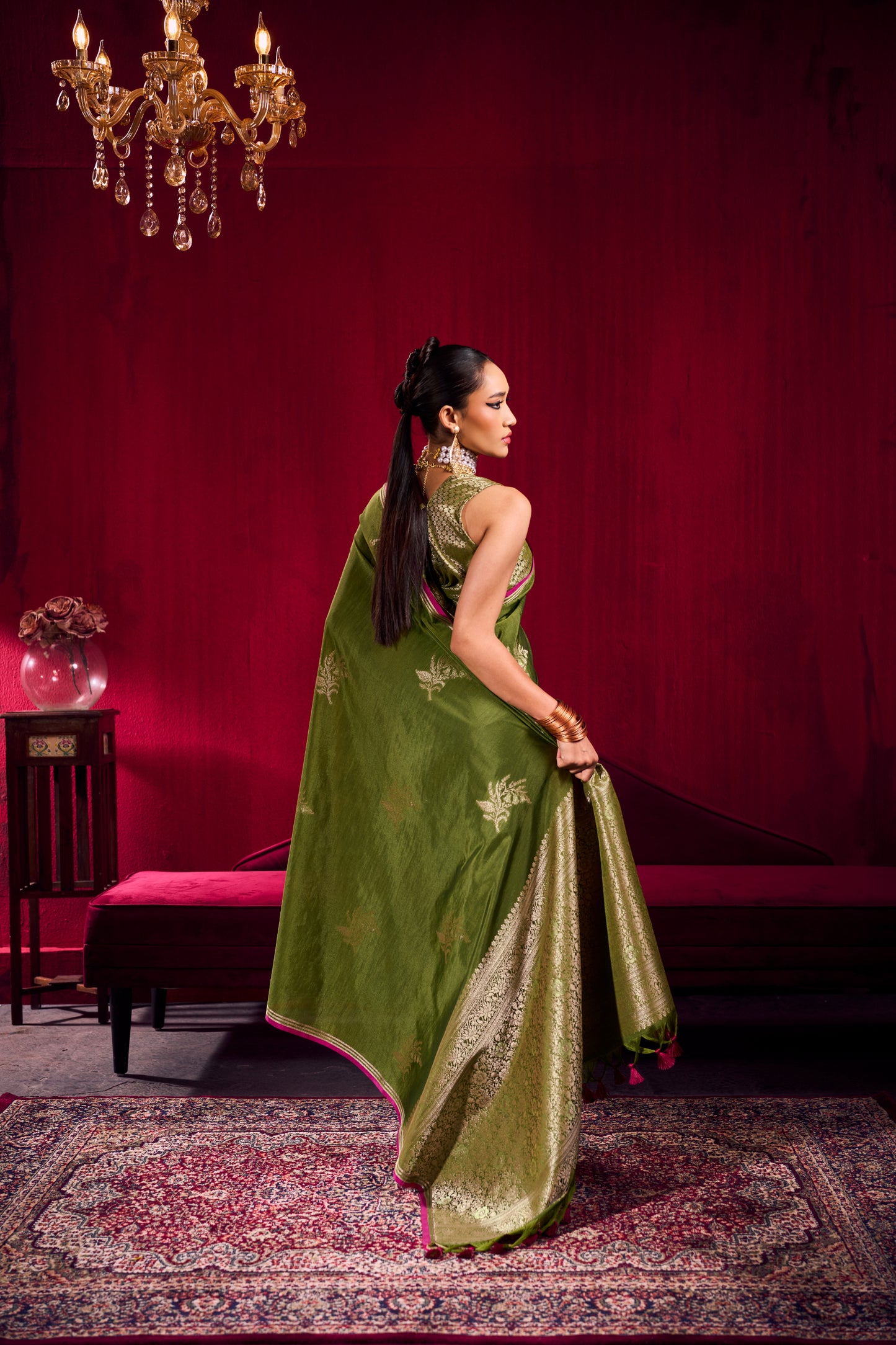 Olive Green Linen Silk Saree for Women with Contrast Border