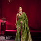 Olive Green Linen Silk Saree for Women with Contrast Border