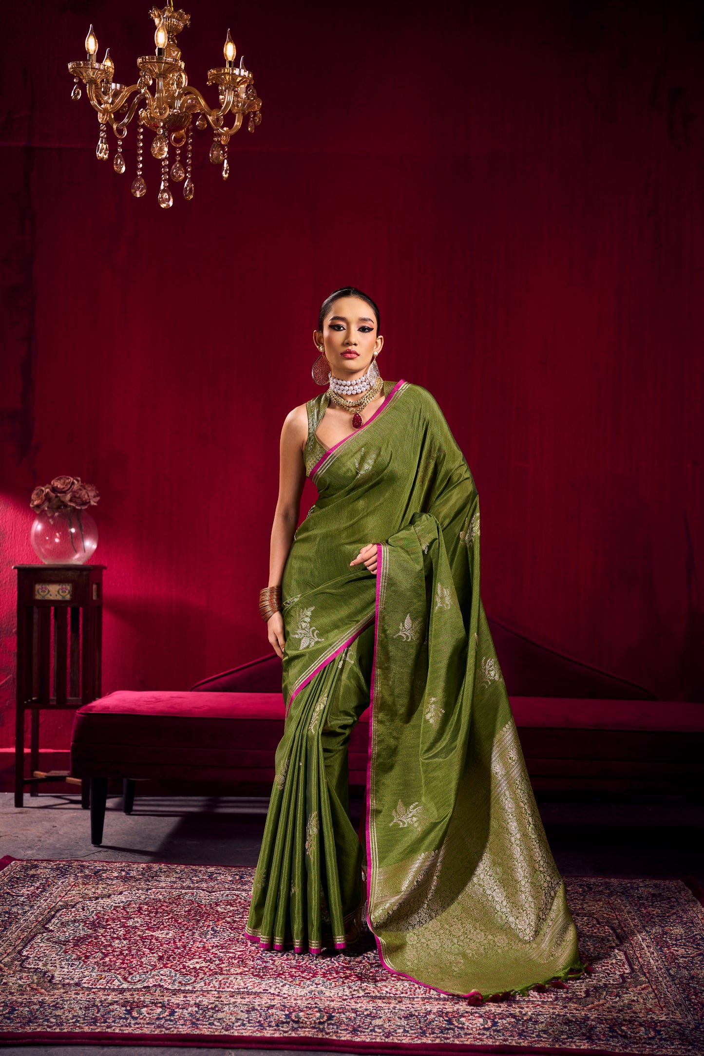 Olive Green Linen Silk Saree for Women with Contrast Border