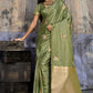 Olive Sage Green Katan Silk Saree with Antique Zari Border and Tiger Buttas