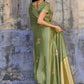 Olive Sage Green Katan Silk Saree with Antique Zari Border and Tiger Buttas