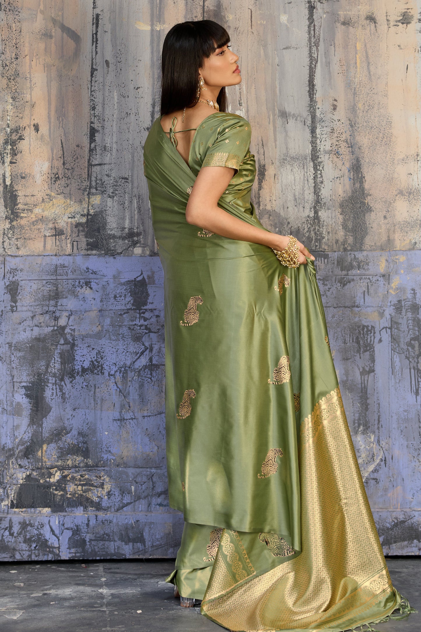 Olive Sage Green Katan Silk Saree with Antique Zari Border and Tiger Buttas