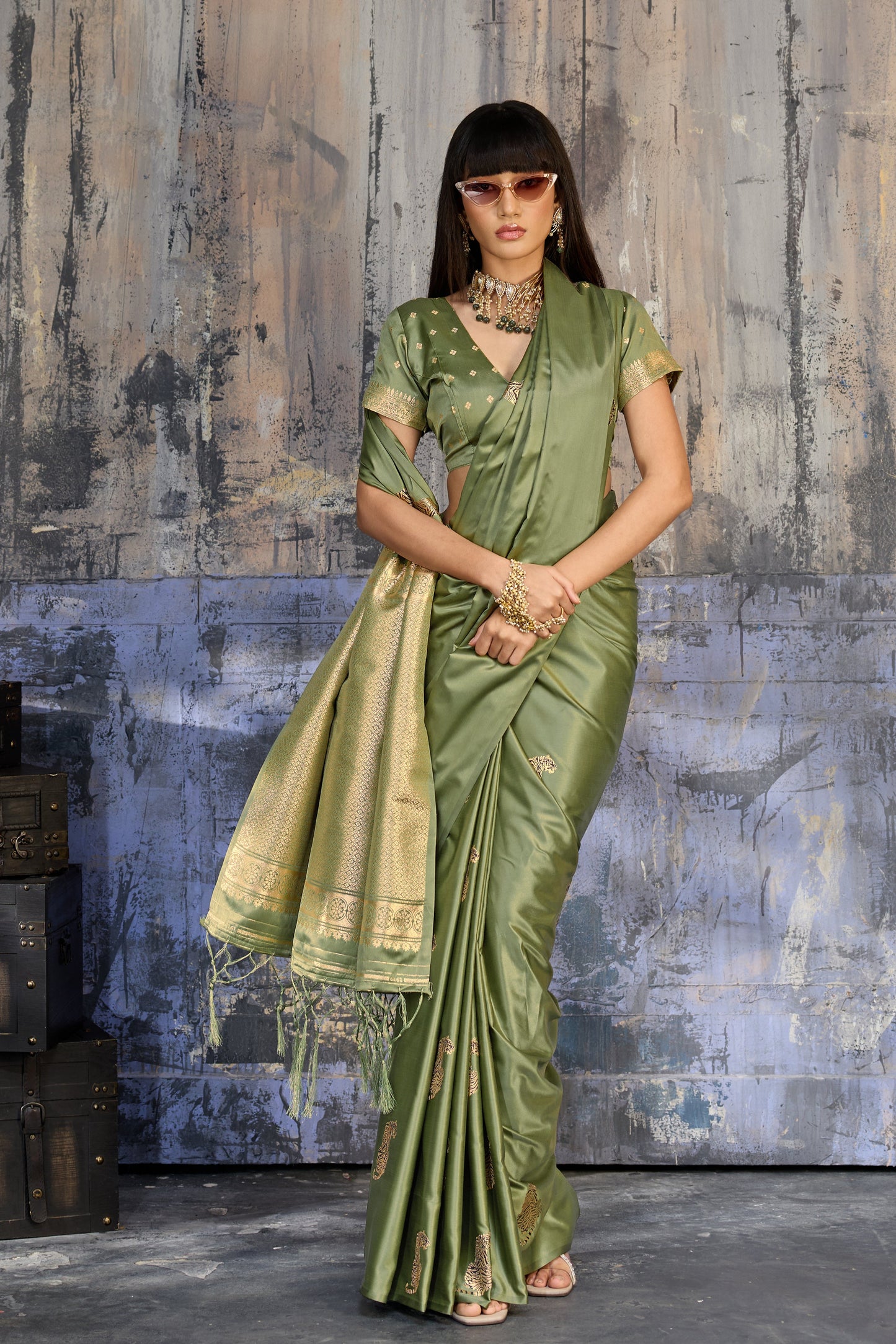 Olive Sage Green Katan Silk Saree with Antique Zari Border and Tiger Buttas