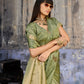 Olive Sage Green Katan Silk Saree with Antique Zari Border and Tiger Buttas