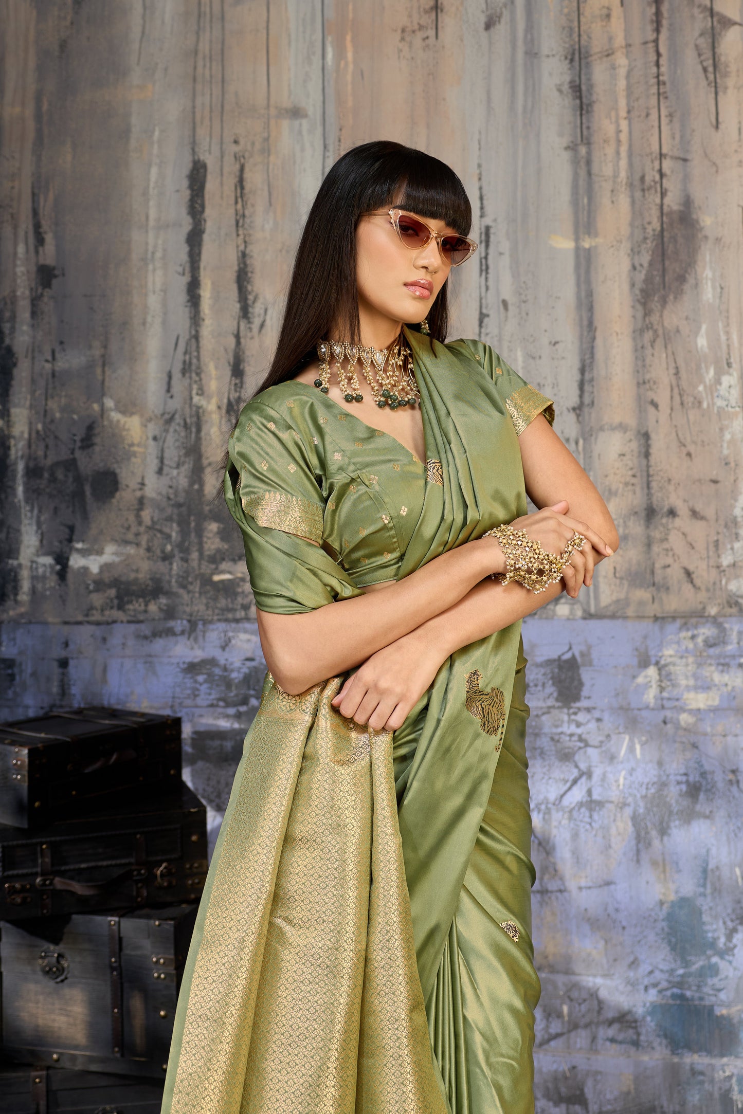 Olive Sage Green Katan Silk Saree with Antique Zari Border and Tiger Buttas